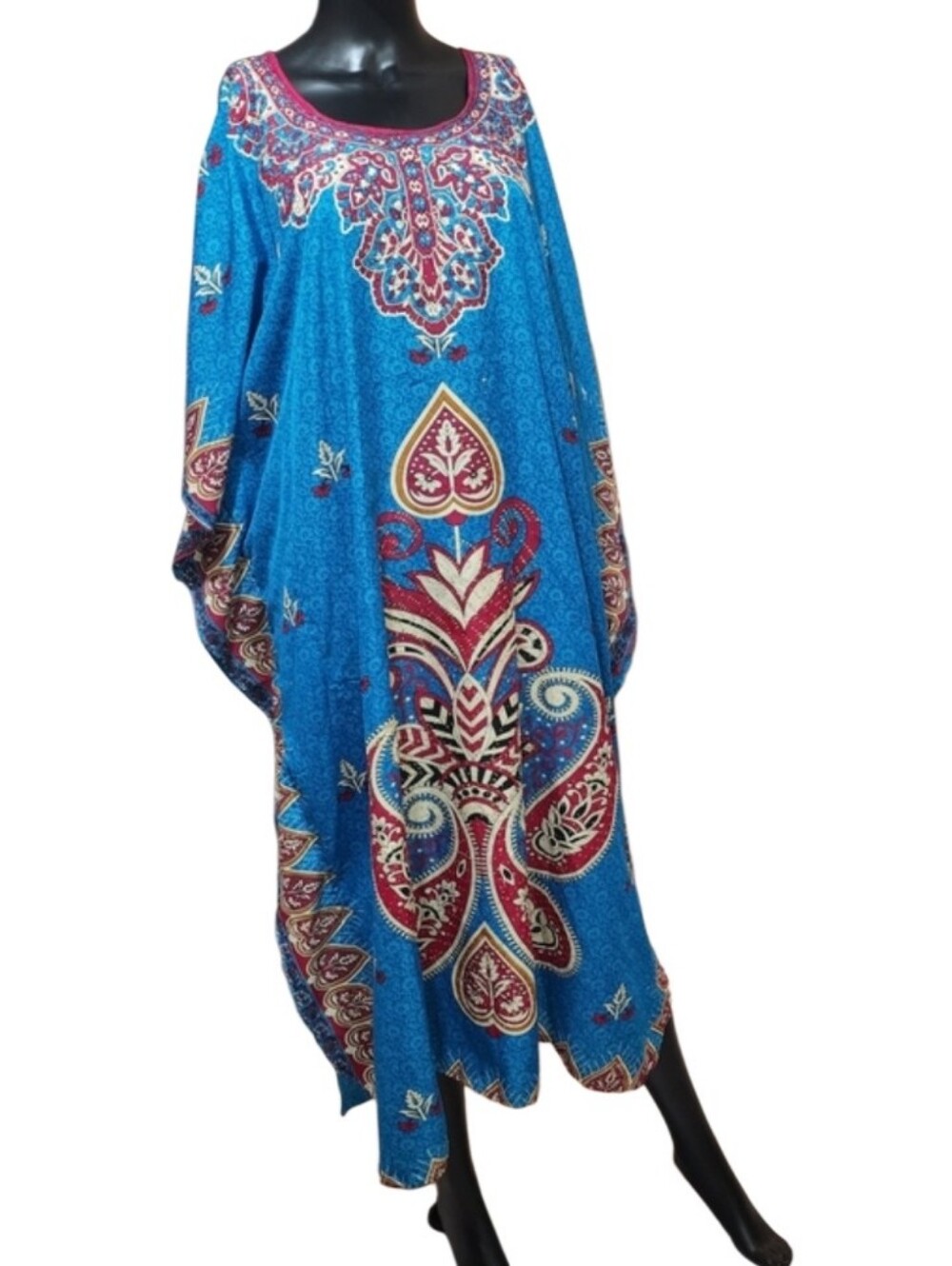 Vintage Turquoise Blue Paisley Midi Dress with Pink and Cream Accents